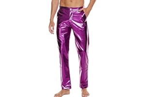 RUFEUD Mens Metallic Shiny Disco Pants, Wet Look Party Dance Straight Leg Trousers, 70s/80s Festival Rave Cosplay Leather Pants