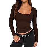 TiulZial Square Neck Shirt for Women - Long Sleeve Going Out Tops Double Lined Tight Crop T Shirt Slim Fit