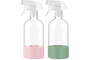 JohnBee Glass Spray Bottles with Silicone Sleeve, 2 Pack16 oz Empty Refillable Containers with Adjustable Spray Nozzles, Spray Bottles for Hair, Cleaning Solutions and Plants Olive Green&Pink