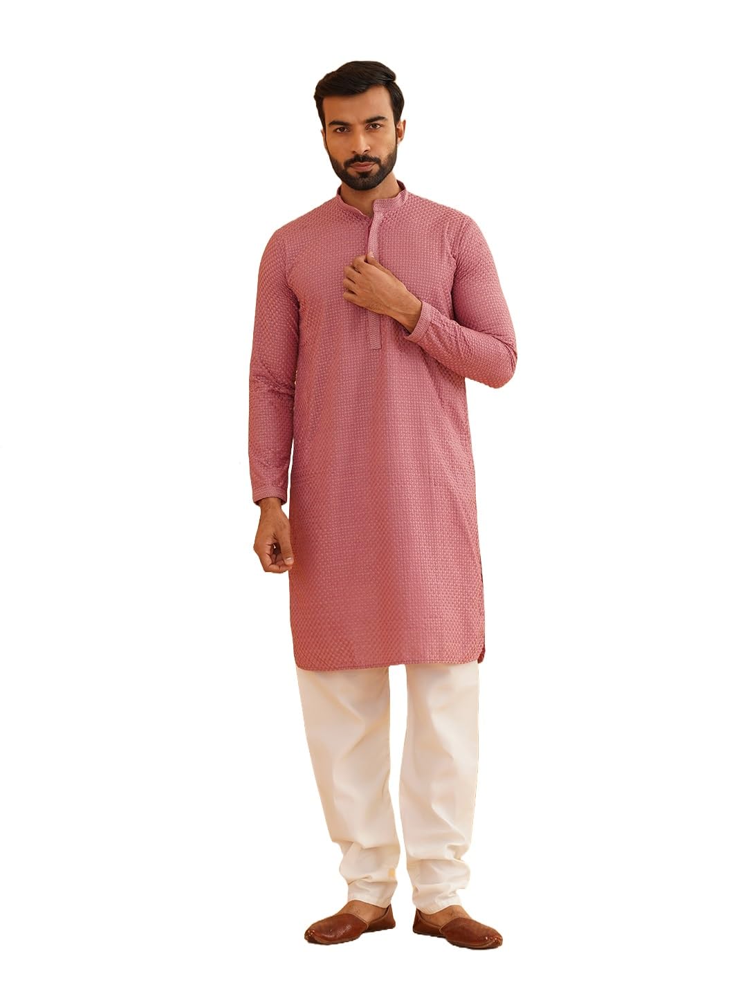 Photo 1 of Sojanya (Since 1958 Men'S Cotton Checked Embroidered Coral Kurta With White Churidar Pyjama