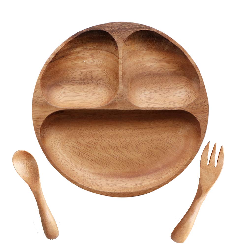 TAMUME Wooden Dish Plate with 3 Compartment for Kids - Wooden Food Tray for Kids,Wooden Spoon and Fork Set for Children, Ideal for Children Breakfast Serving Platter or Dinnerware Table Set for Kids