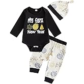 Eurvoku My First New Year Baby Boy Outfit Newborn Letter Print Long Sleeve Romper Top Balloon Pants with Hat 3 Piece Sets