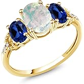 Gem Stone King 10K Yellow Gold White Simulated Opal and Blue Created Sapphire Engagement Ring For Women (2.24 Cttw, Oval Cabochon Cut)