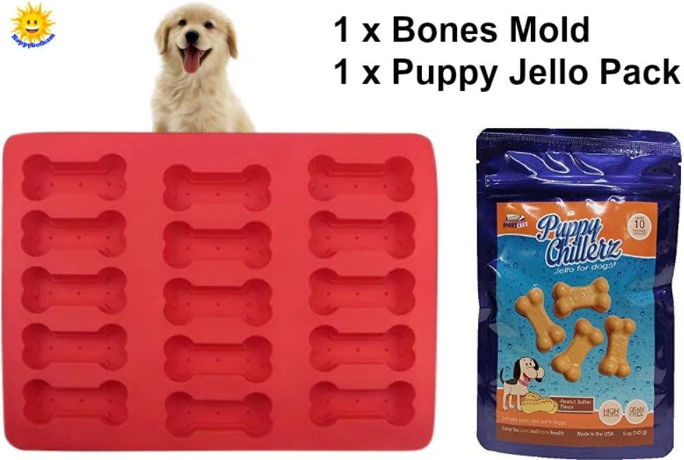 Dog Bones Mold Treat Kit | Food Grade Silicone Baking Mold For Doggy Snacks | Puppy Cake Puppy Chillerz Peanut Butter Flavor Jello Mix for Dogs (Grain- Free) - Great for Bone and Joint Health