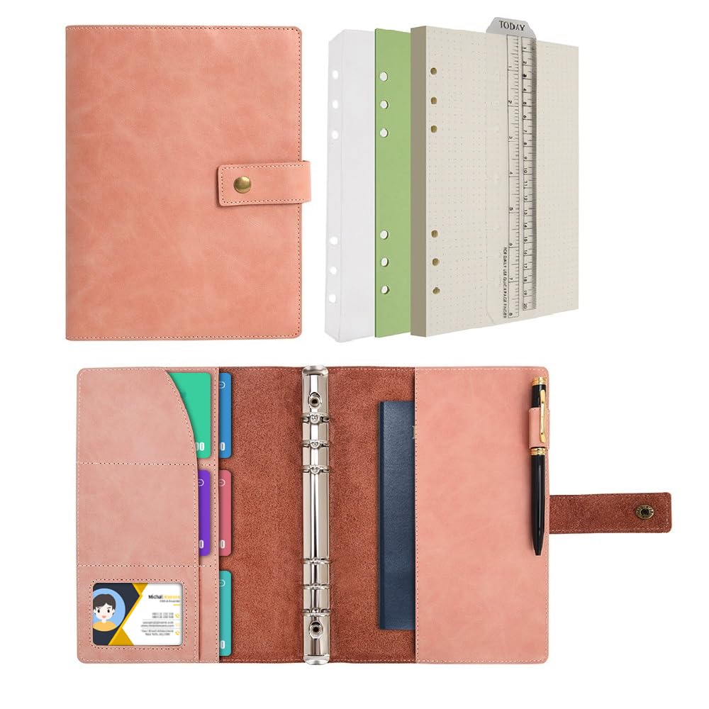 WONDERPOOL Leather Diary Refillable Notebook Spiral Journal Binder Portfolio - Dot Grid Paper & Inner Pockets for Travel Work and Personal Organizer (Pink, A5)