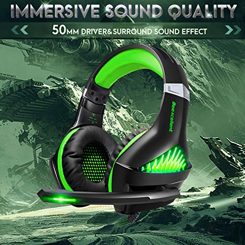 TURN RAISE Upgraded 3.5mm Stereo Gaming Headset for Xbox One, PS4, PC - Surround Sound Over-Ear Headphones with Noise Cancelling Mic for Playstation 4, Laptop, LED Lights &Volume Control (Green)