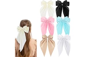 Zkptops 6Pcs Hair Bows for Women Girls Toddlers Silky Satin Large Bow Hair Clips Oversized Bow Ribbon Hairpin Long Tail Cute Beige Black White Blue Colorful Metal Bow Hair Barrettes Hair Accessories