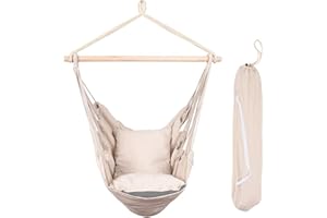SUNNY GUARD Hammock Chair Hanging Rope Swing- Max 330 Lbs,Included 2 Cushions,for Indoor/Outdoor Patio Garden,Deck(Creamy White)
