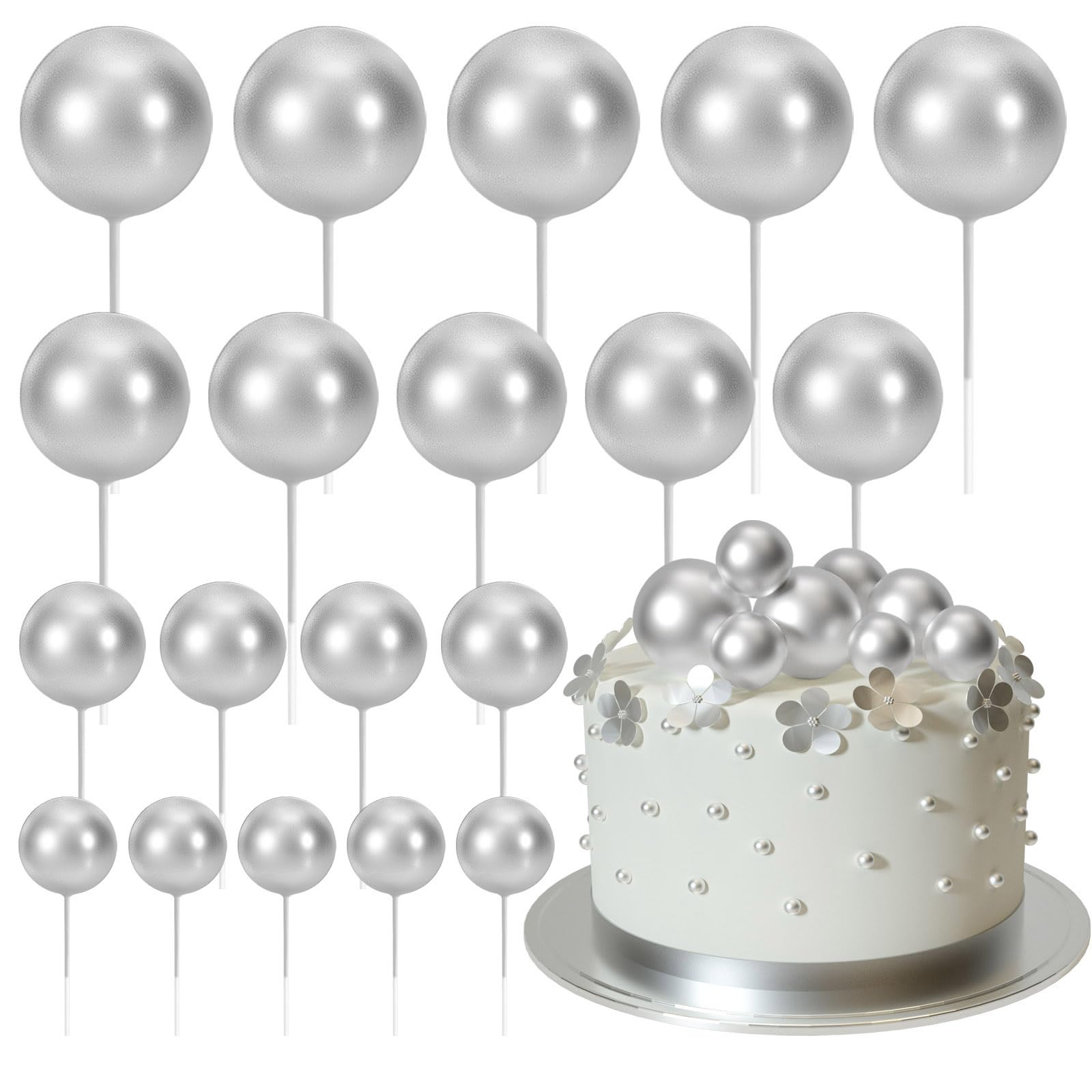 ASTARON 20 Pcs Ball Cake Topper Decorations Mini Balloons Cake Topper Sticks Silver Balls Cake Picks for Wedding Birthday Cake Decorations — image 1