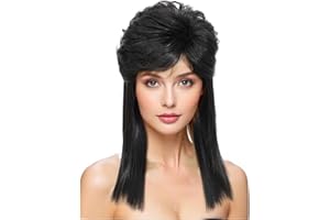 Auguyist Mullet Wigs for Women Curly Shoulder Length Fluffy Hair 70s 80s Rocker Party Cosplay Synthetic Wigs (Black)