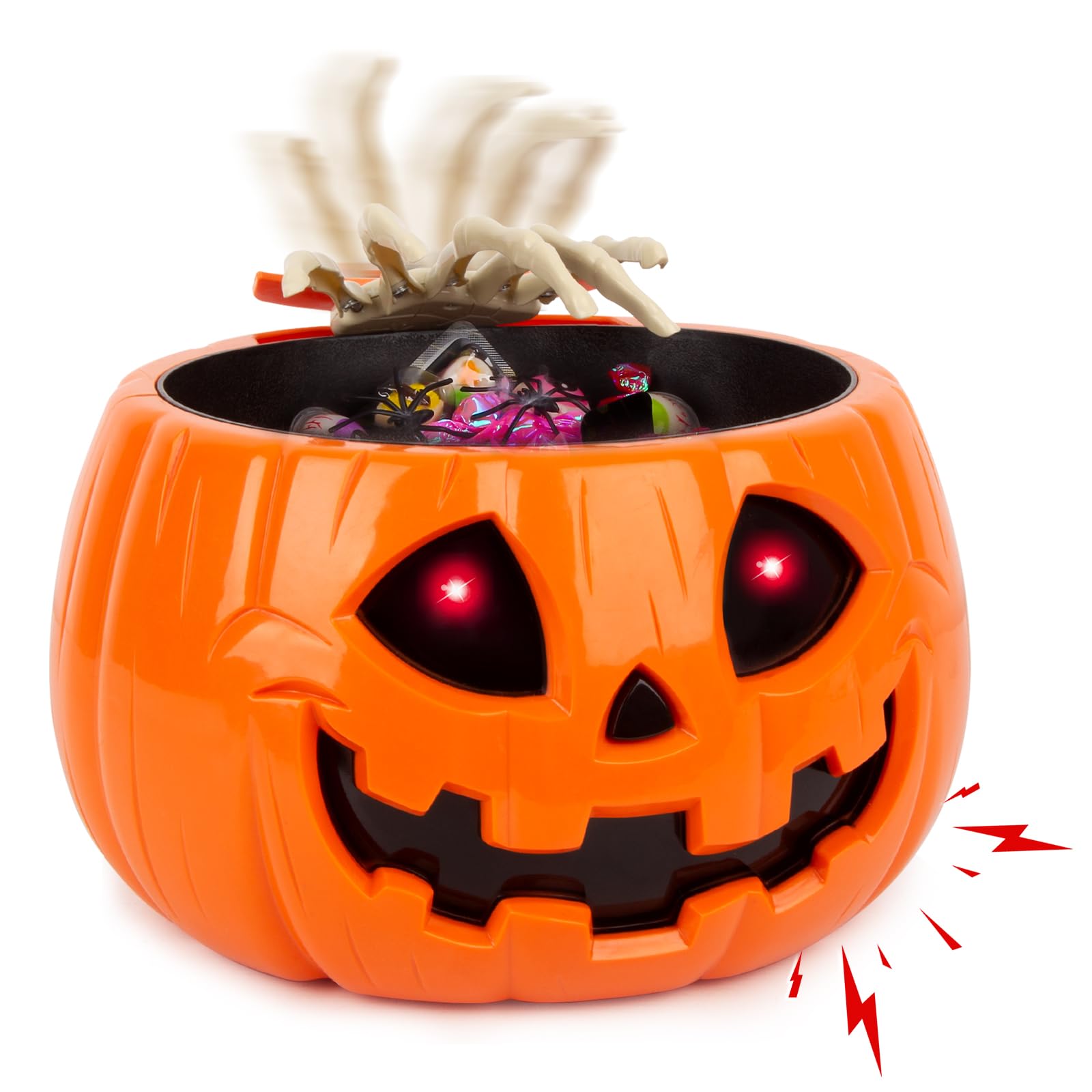 Animatronics Halloween Bowl for Sweets, Animated Halloween Decorations Pumpkin Candy Bowl with Creepy Sound, Skull Hand, Glowing Eyes, Halloween Decorations Indoor