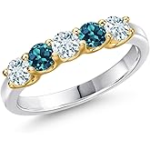 Gem Stone King 10K 2 Tone Gold Sky Blue Aquamarine and London Blue Topaz Wedding-Bands Ring For Women | 0.95 Cttw | Round 3.5MM | Gemstone March Birthstone