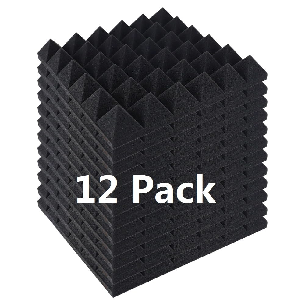 12 Pack Pyramid Acoustic Panels Foam High Quality Soundproofing Panels Acoustic Wall Panels For Walls Studio KTV Bedroom Soundproof Treatment,12x12x2.2 Inch,Black