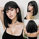 HUAISU Short Black Bob Wig with Bangs Straight Hair Natural High Density Synthetic Wig for Women (15Inch, Black)
