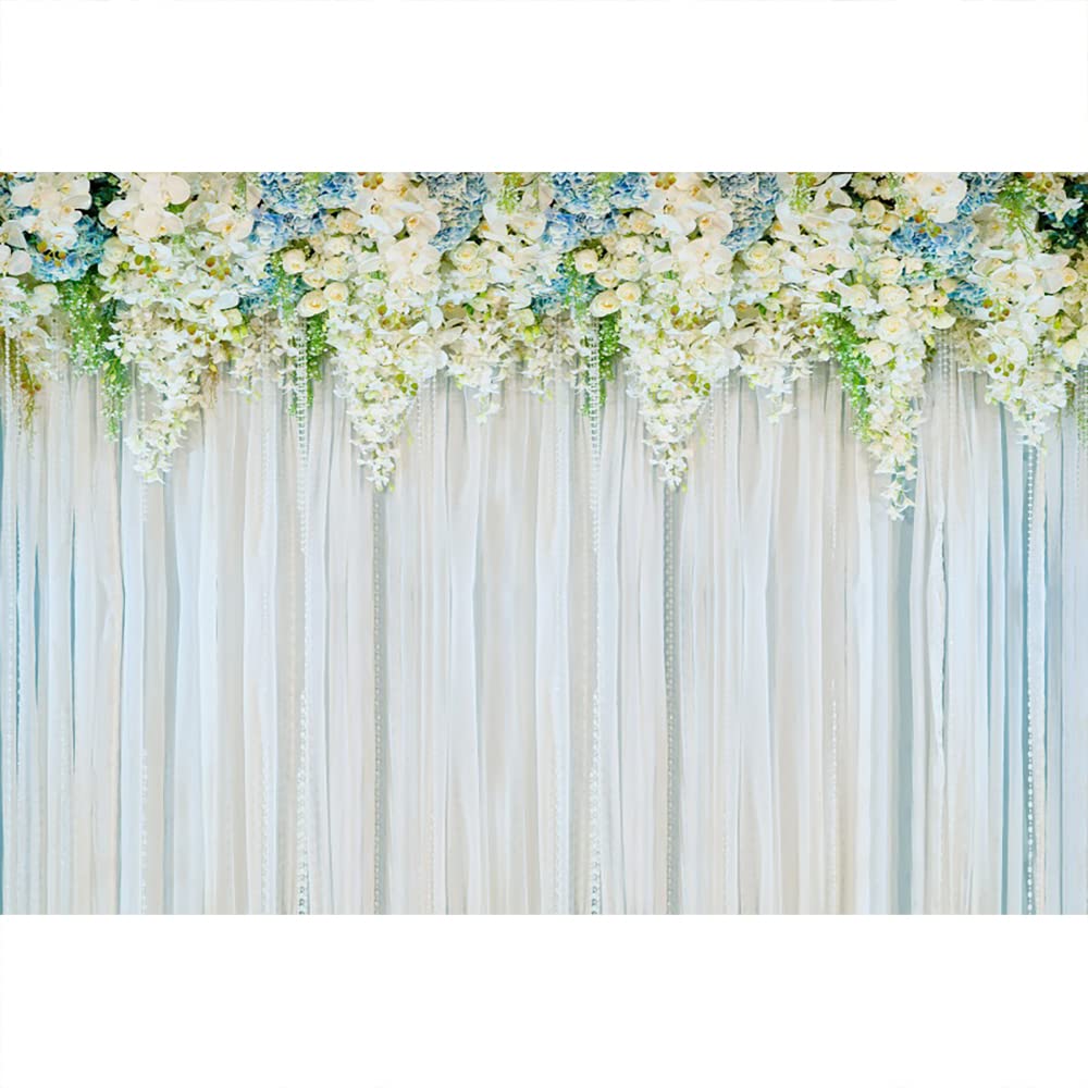 Aoihrraan 3x2m Wedding Backdrop Flower Floral Blossom White Curtains Wall Photography Background Bridesmaid Girl Wedding Bridal Shower Anniversary Party Cake Table Decoration Photo Booth Props