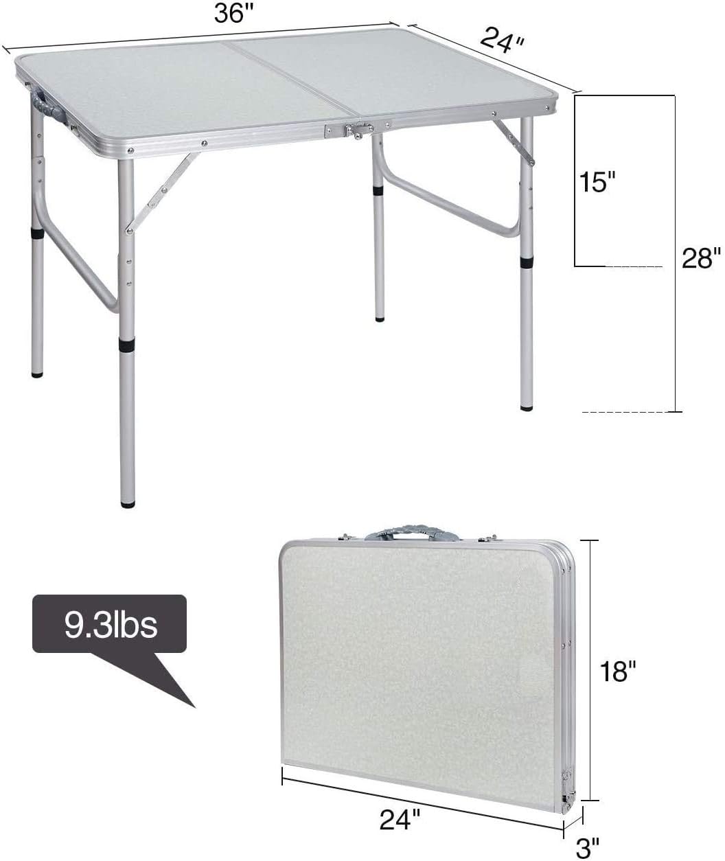 Cimiva Aluminum Folding Table 3 Foot, Adjustable Height Lightweight Portable Camping Table for Picnic Beach Outdoor Indoor, White 36 x 24 inch (3-Feet (2 Heights 15"/28")) : Garden & Outdoor