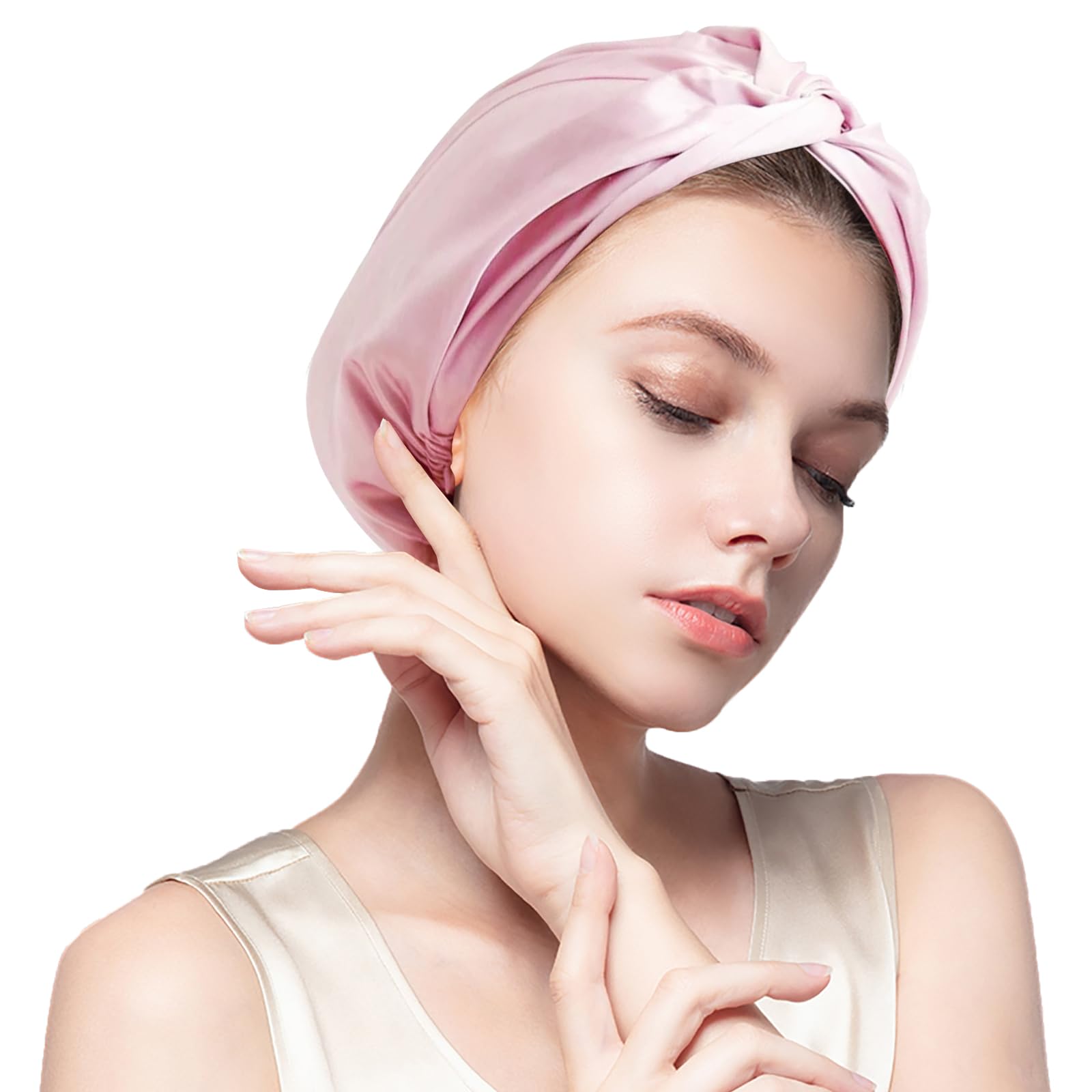 Photo 1 of MISF 22 Momme 100% Real Mulberry Silk Bonnet For Sleeping Women, Double Layer Pure Silk Sleep Bonnet with Adjustable Band, Non-Slip Real Silk Hair Wrap for Women Curly Hair Care, Pink