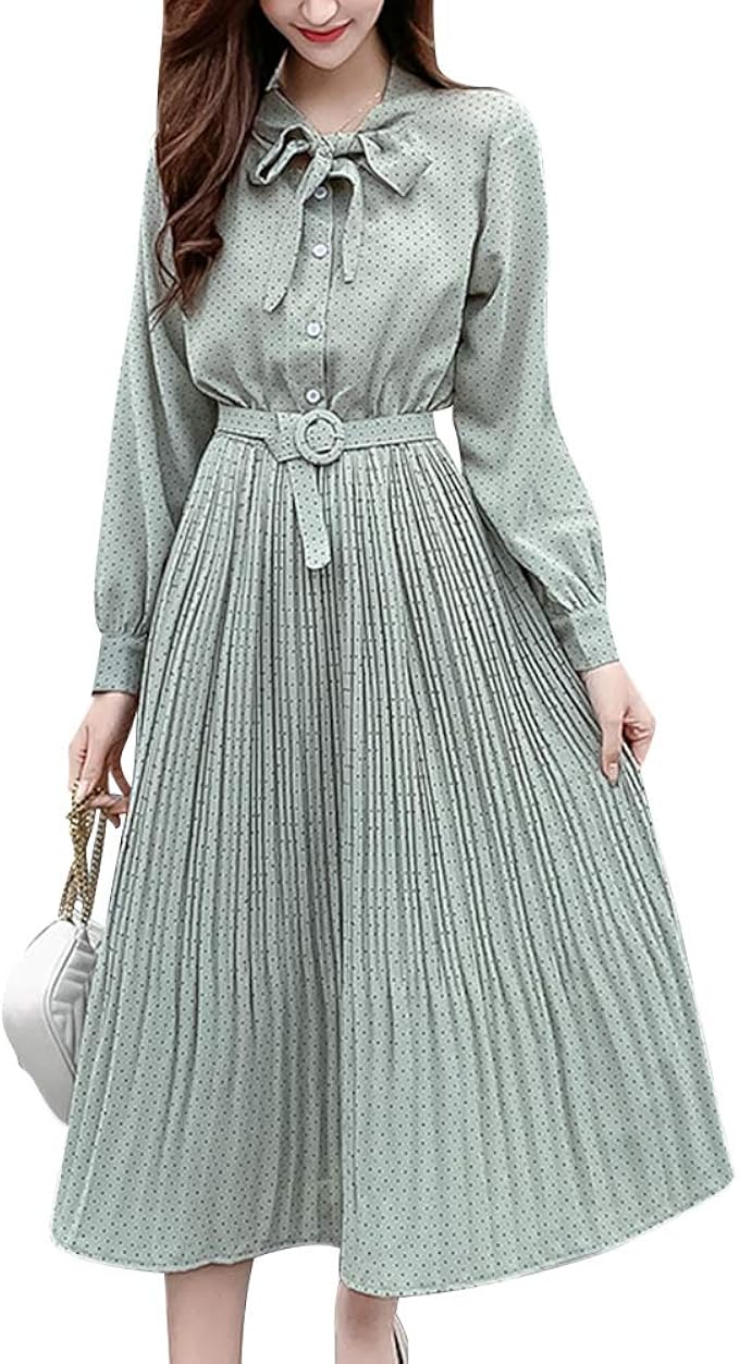 Amazon Iminoaru ワンピース レディース 春夏 水玉 シフォン ロングワンピース 長袖 シャツワンピース 薄手 リボン ネック ベルト付き ドレス ゆったり 着痩せ シンプル エレガント 上品 大人 おしゃれ 通勤 韓国ファッション グリーン L ワンピース チュニック 通販