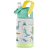 Hippypotamus Kids Water Bottle - Stainless Steel Vacuum Insulated -12 oz - Leak Proof Straw Lid & Soft Spout For Toddlers & Kids (Green Dinosaur)