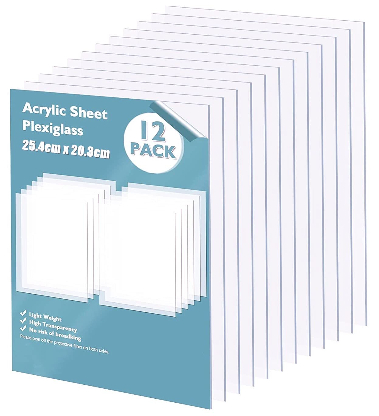 KAHEIGN 12Pcs Clear Acrylic Sheets, 25cm x 20cm Transparent Plexiglass, Plastic Sheets with Protective Film for Display, Picture Frame, DIY Calligraphy Painting Craft