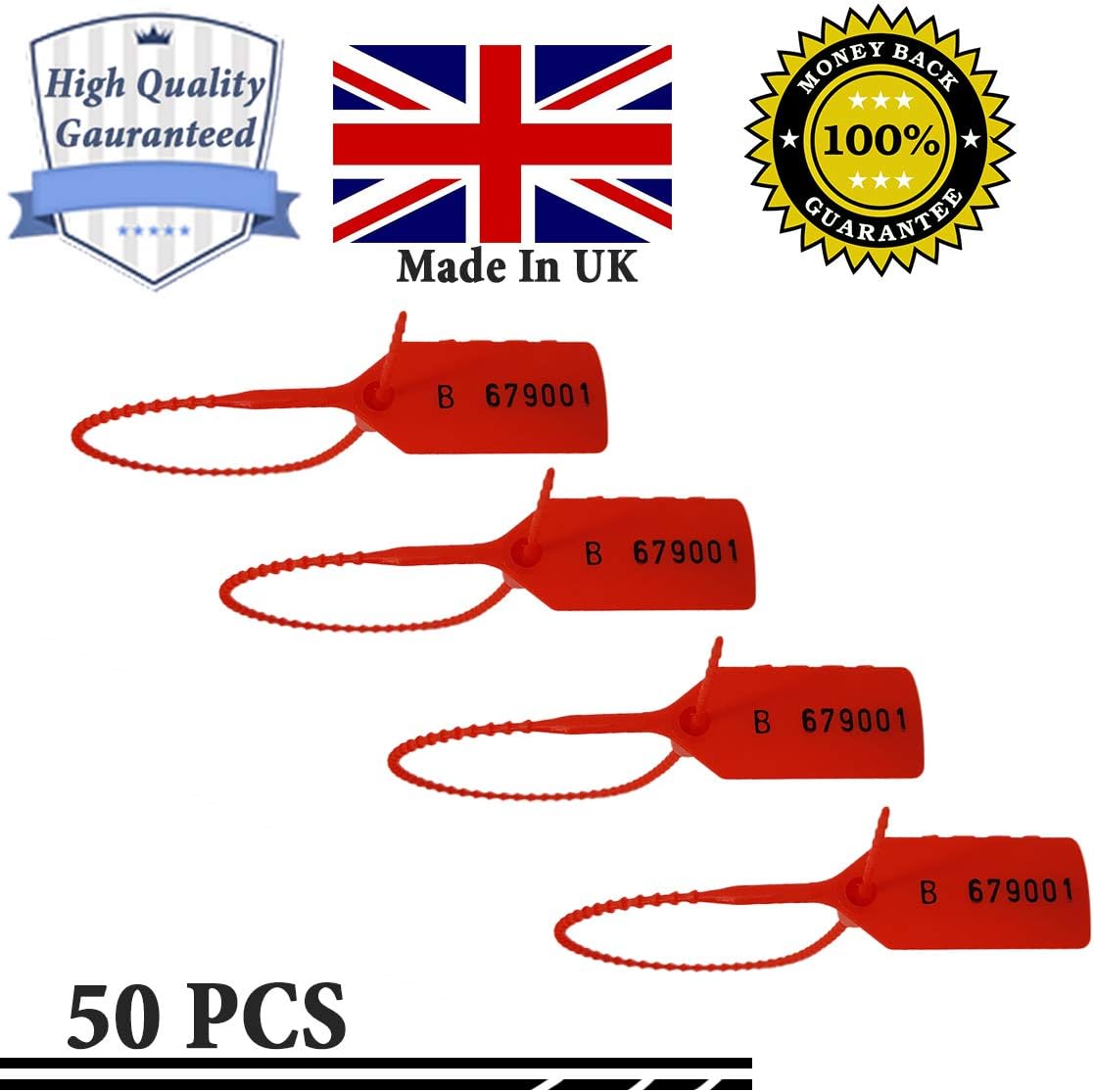 Made in UK Numbered Red pull seal, Anti Tamper Seals, Security Zip Ties