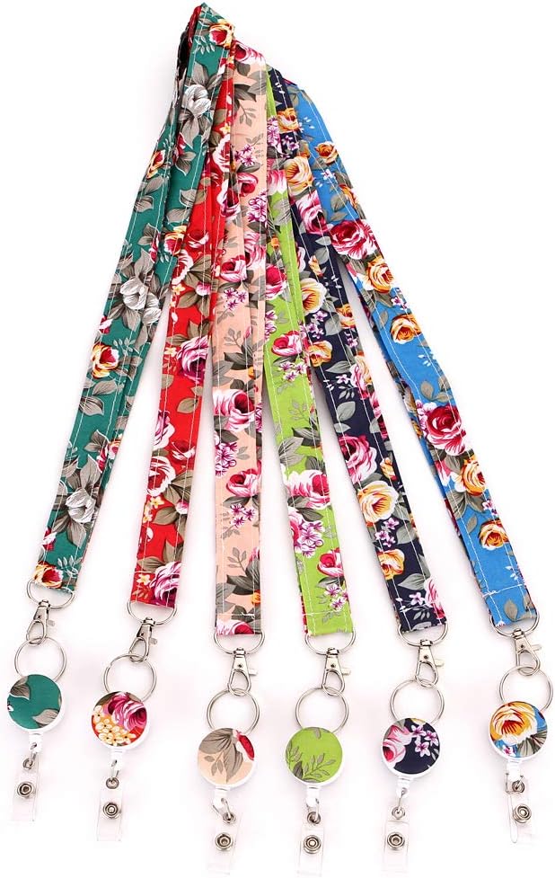 New Design Rose Flower Soft Cloth Lanyard with ID Holder Sets - 6 Set of Lanyard with Retractable Badge Reel and ID Card Holder (6xflower)
