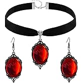 Gothic Necklace Earrings Set for Women,Vintage Black Velvet Witch/Crow/Bat Glass Pendant Necklace Punk Style Crystal Cameo Glass Jewelry Set Goth Victorian Costume Halloween Accessories