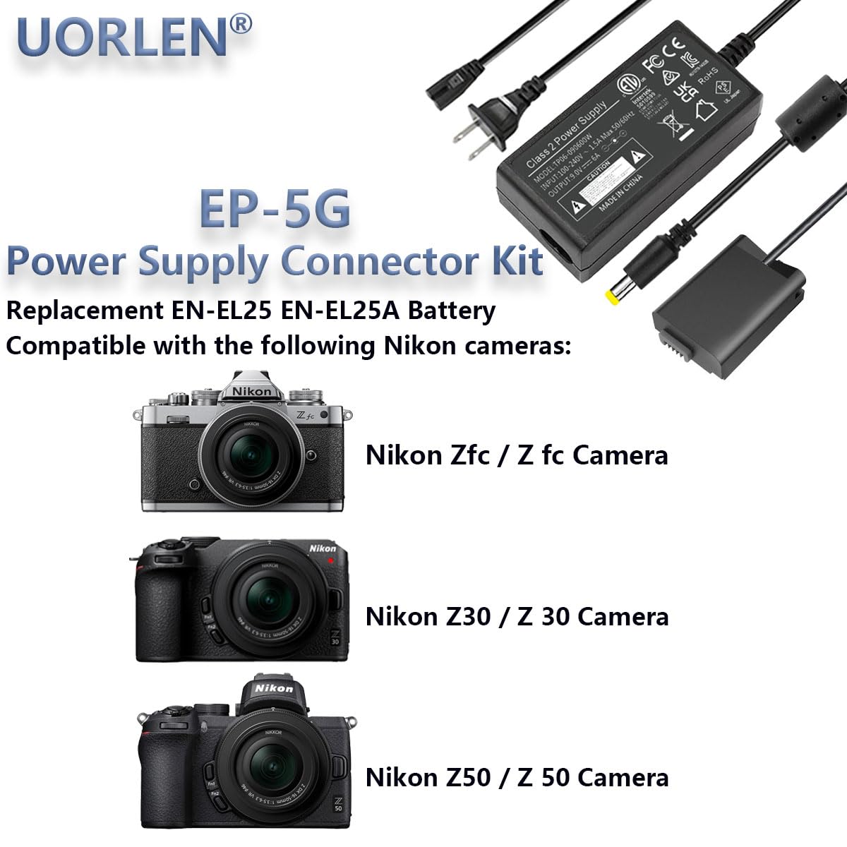 EP-5G Dummy Battery Power Supply Connector EH-5g AC Adapter Kit Replace EN-EL25 EN-EL25A for Nikon Z 30 Z30, Z 50 Z50, Z FC ZFC Digital Cameras Accessories.