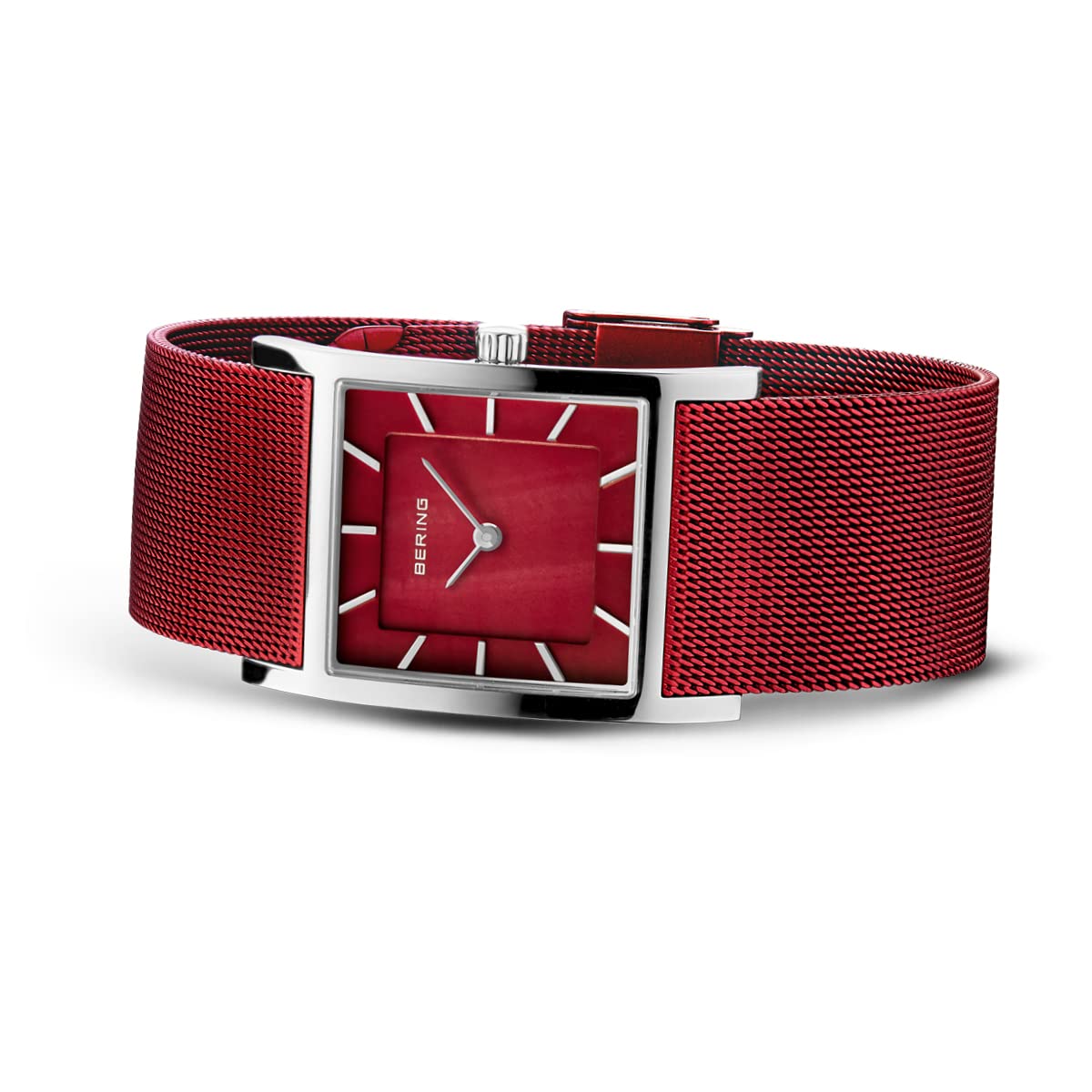 BERING Damen Quarz Uhr | Armbanduhr 26 mm silbernes Edelstahlgehäuse und rotes Zifferblatt | Milanaisearmband | Saphierglas | 5 ATM | 10426-303-S