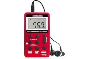 Retekess V112 AM FM Portable Pocket Radio, FM Receiver, Digital Tuning Stereo, with Headphones, Rechargeable Battery, for Walking, Jogging, Training, Church (Red)