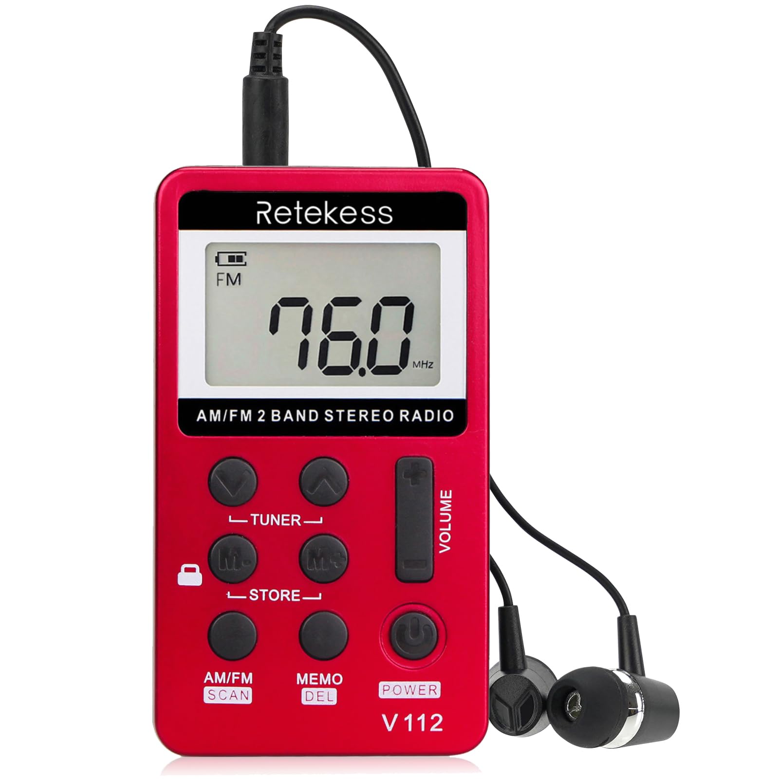 Photo 1 of Retekess V112 AM FM Portable Pocket Radio, FM Receiver, Digital Tuning Stereo, with Headphones, Rechargeable Battery, for Walking, Jogging, Training, Church (Red)