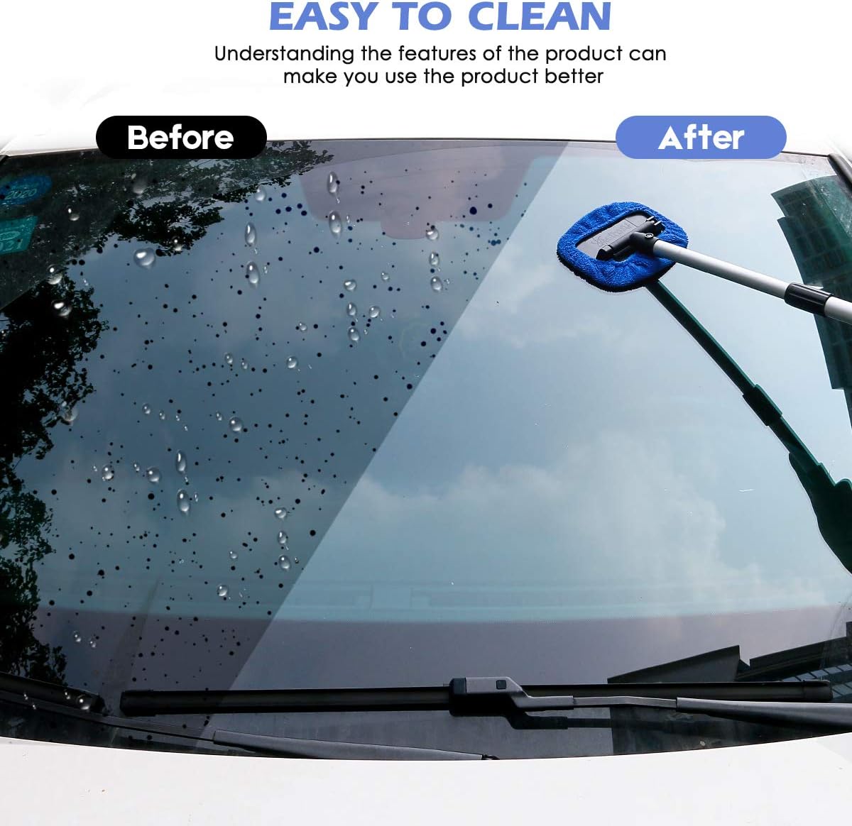 AstroAI Car Window Cleaner, 4 Microfiber Pads, Windshield Cleaning Tool with Telescopic Handle Auto Inside Glass Wiper Kit, Blue: Automotive