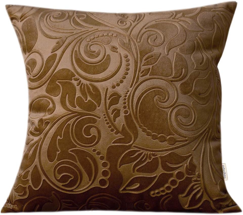 TangDepot Heavy Velvet Embossing Throw Pillow Cover, Classis Floral Anaglyph Velvet Fabric, Euro Sham, European Throw Pillow Cover, Indoor/Outdoor - (26" x 26", C11 Almond)