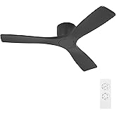 WINGBO 48 Inch Flush Mount DC Ceiling Fan without Lights, 3 Carved Wood Blades, 6-Speed Noiseless Reversible DC Motor, Hugger