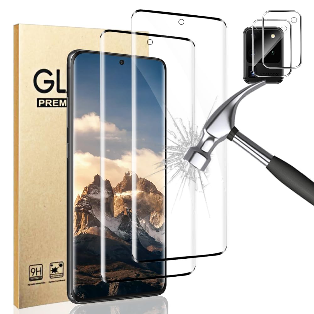 Photo 1 of [2+2 Pack] Galaxy S20 Ultra Screen Protector and Camera Lens Protector, Fingerprint Unlock, 9H Hardness Tempered Glass, Anti-Scratch, HD Clear Full Coverage, Bubble-Free, for Galaxy S20 Ultra 6.9 Inch