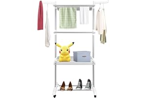 Bigzzia Clothes Drying Rack, Folding Stainless Steel Drying Rack Clothing Indoor Outdoor, Space-Saving, 4 Tier Laundry Drying Rack with Two Side Wings -Grey White