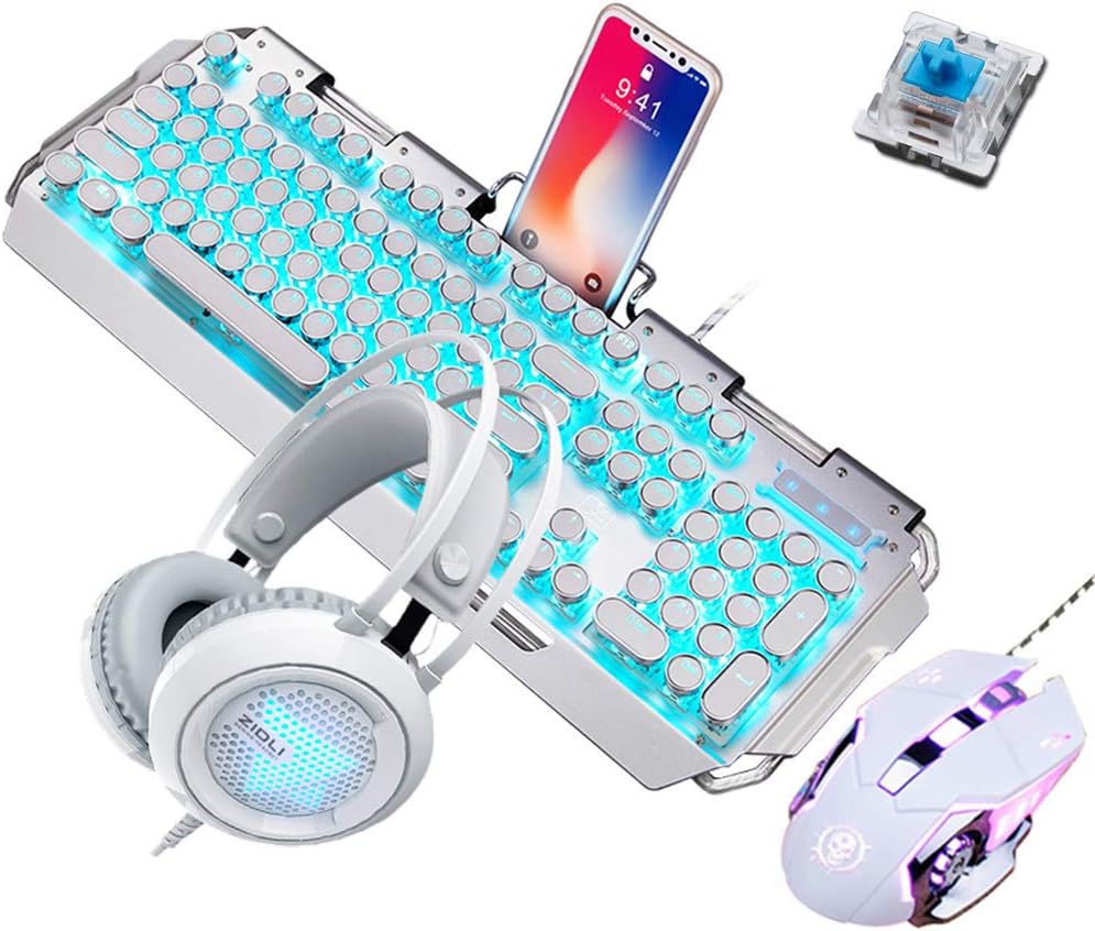 Mechanical Gaming Keyboard Mouse and Headset,Blue Switch Blue LED Metal Wired Keyboard+3200DPI Mouse+Colorful Breathing Light Gaming Headset Office Keyboard Portable Gaming Keyboard