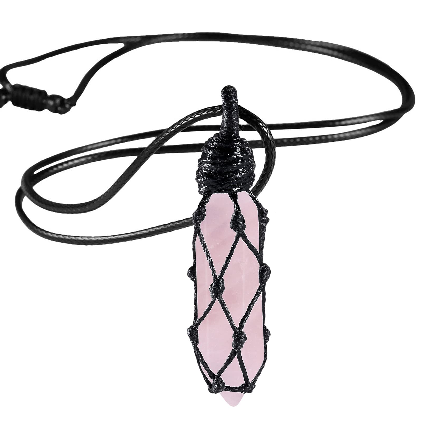 Nupuyai Rose Quartz Hexagonal Quartz Crystal Point Pendant Necklace for Women Men, Natural Wrapped Stone Pendulum Pendant with Adjustable Rope 65cm