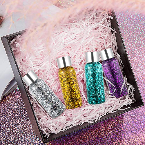 Body Glitter Gel Set 4 Colors Sequins Chunky Glitter Gel Colorful Eyeshadow Glitter Holographic Body Gel for Festival Party Face Makeup Hair Eye Lips Shimmer Gold,Silver,Purple,Green