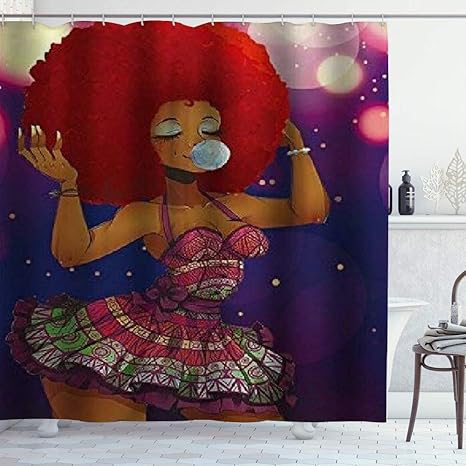 Amazon Nikivivi シャワーカーテン 3 Dレトロなキャラクタースタイルの泡を吹いてアフリカの女の子 180 180cm 防水 ユニットバス 浴室カーテン 軽量 速乾 ホテル 高級 バス用品 カーテンリング付き シャワーカーテン ホーム キッチン オンライン通販