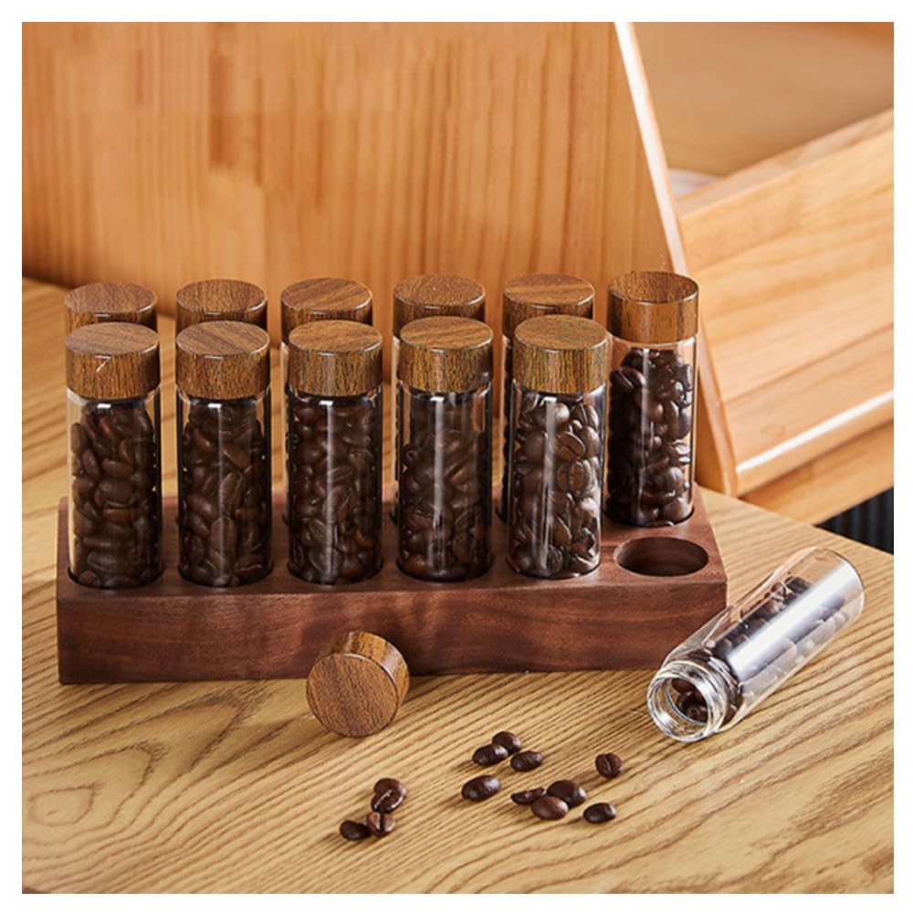 Primst Glass Coffee Beans Storage Tubes, Single Dose Coffee Bean Storage Coffee Bean Cellars with Wooden Stand and Funnel for Cafe, Kitchen (12 tubes-22g)