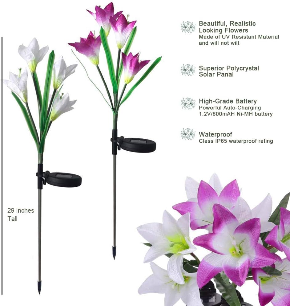Outdoor Solar Garden Stake Lights - Wohome 2 Pack Solar Flower Lights with 8 Lily Flower, Multi-Color Changing LED Lily Solar Powered Lights for Patio, Yard Decoration - - 