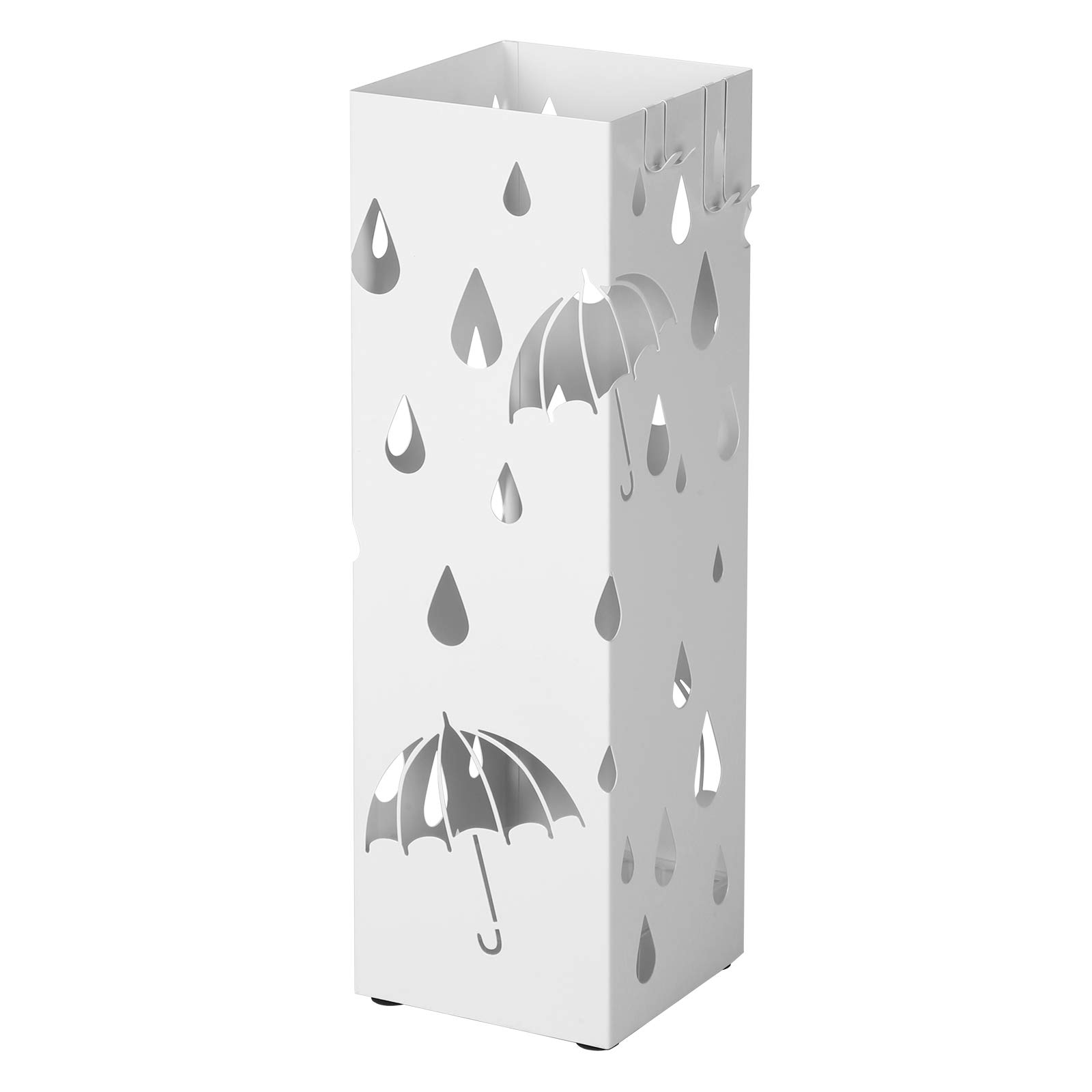 SONGMICS Metal Umbrella Stand, Square Umbrella Holder with Drip Tray and 4 Hooks, 15.5 x 15.5 x 49 cm, White LUC49W