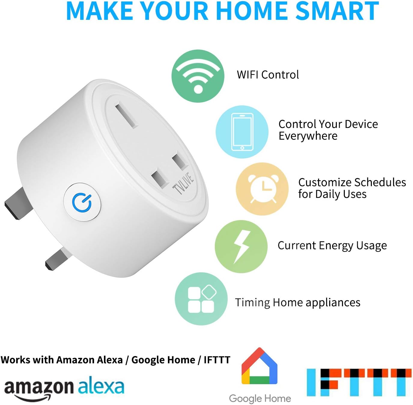 Smart Plug, TVLIVE 2 Pack Smart Plugs that Work with Alexa (Echo, Echo Dot), Google Home Voice Control, Energy Monitoring - Image 3