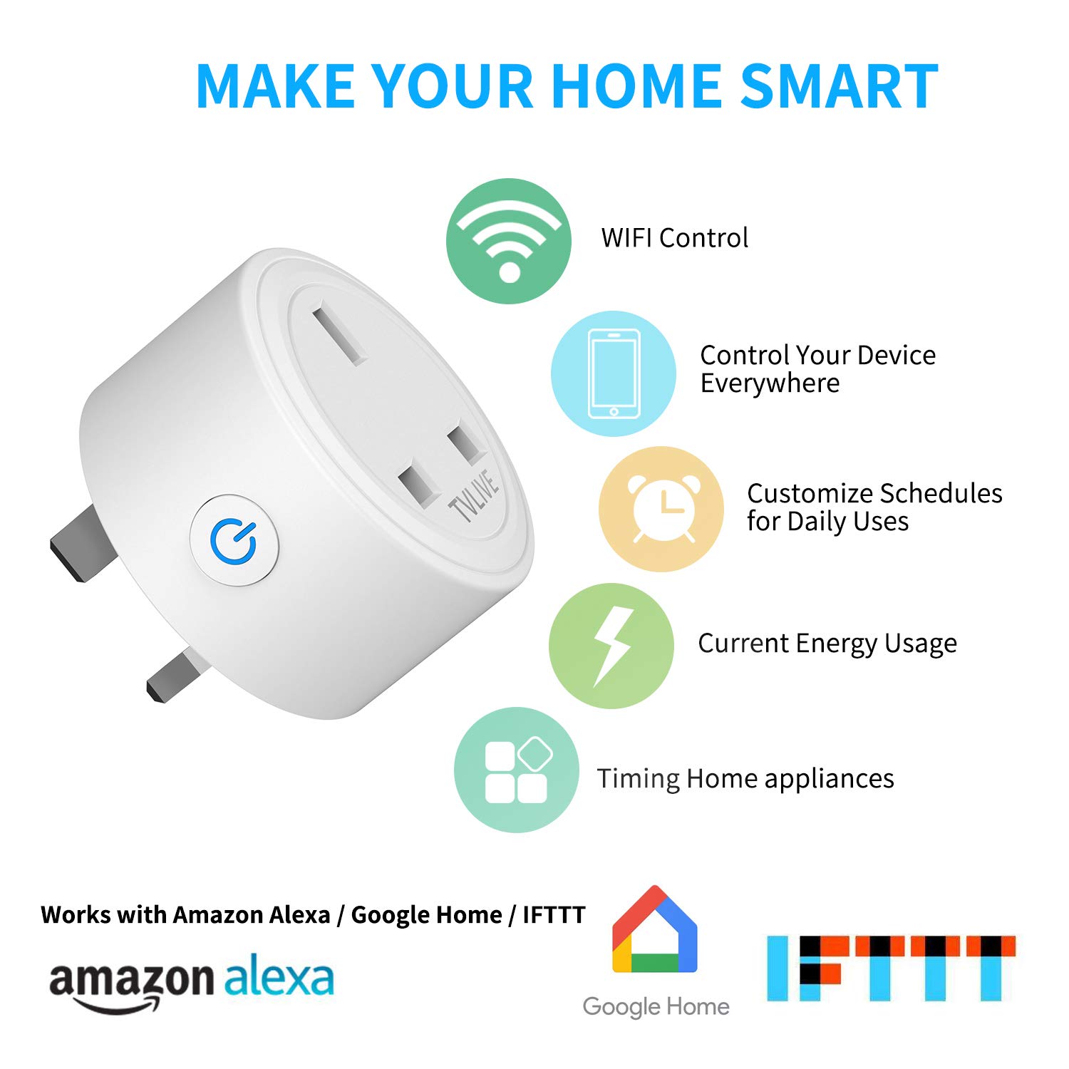 Smart Plug WiFi, TVLIVE 2 Pack Mini Smart Outlet Compatible with Amazon Alexa (Echo,Echo Dot) & Google Home & IFTTT, Wireless Smart Socket Remote Control, Schedule and Timer Function, No Hub Required