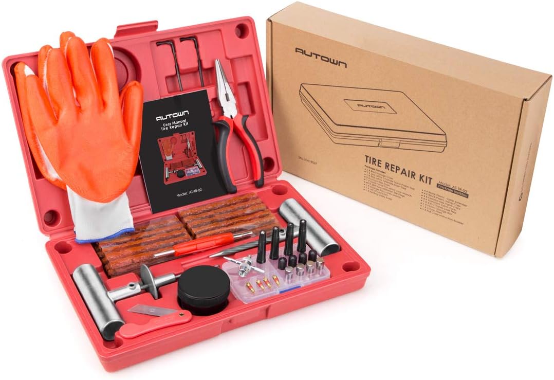 AUTOWN Tire Repair Kit, 75 Pcs Tire Plug Kit Universal Tire Repair Tools, Heavy Duty Flat Tire Puncture Repair Kit for Car, Motorcycle, Truck, ATV, Tractor, RV, SUV, Jeep, Trailer, Lawn Mower: Automotive