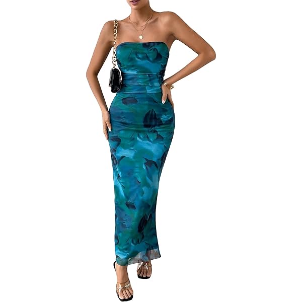 Amazon.com: Women's Mesh Floral Strapless Bodycon Maxi Dress