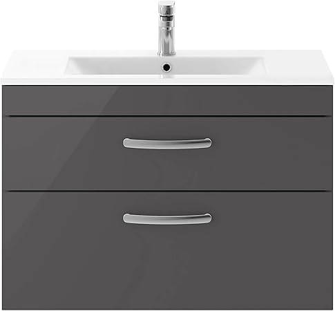 Nuie Ath081b Athena Modern Wall Hung Bathroom Vanity Sink Unit With Two Soft Close Drawers And Slimline Basin 800mm Gloss Grey Amazon Co Uk Diy Tools