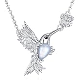 Genuine Rainbow Moonstone Hummingbird Flower Pendant Necklace 925 Sterling Silver Natural Gemstone June Birthstone Jewelry for Women Bird lover