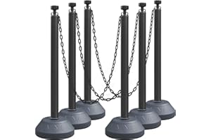 OranLite 6-Set Pack 40" inch Black Work Zone Chain Post Set, Traffic Queue Delineator Post Cones, 6 x 6.6' Feet Plastic Chains, Portable Crowd Control Stanchions Set (Black-Water Filled Base)